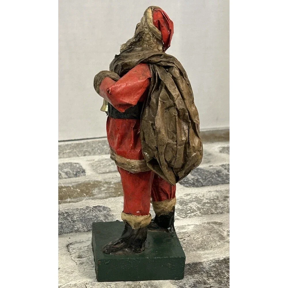 Vintage Folk Art Paper Mache’ Santa Claus Figurine Bell Bag Of Toys 8.5” High